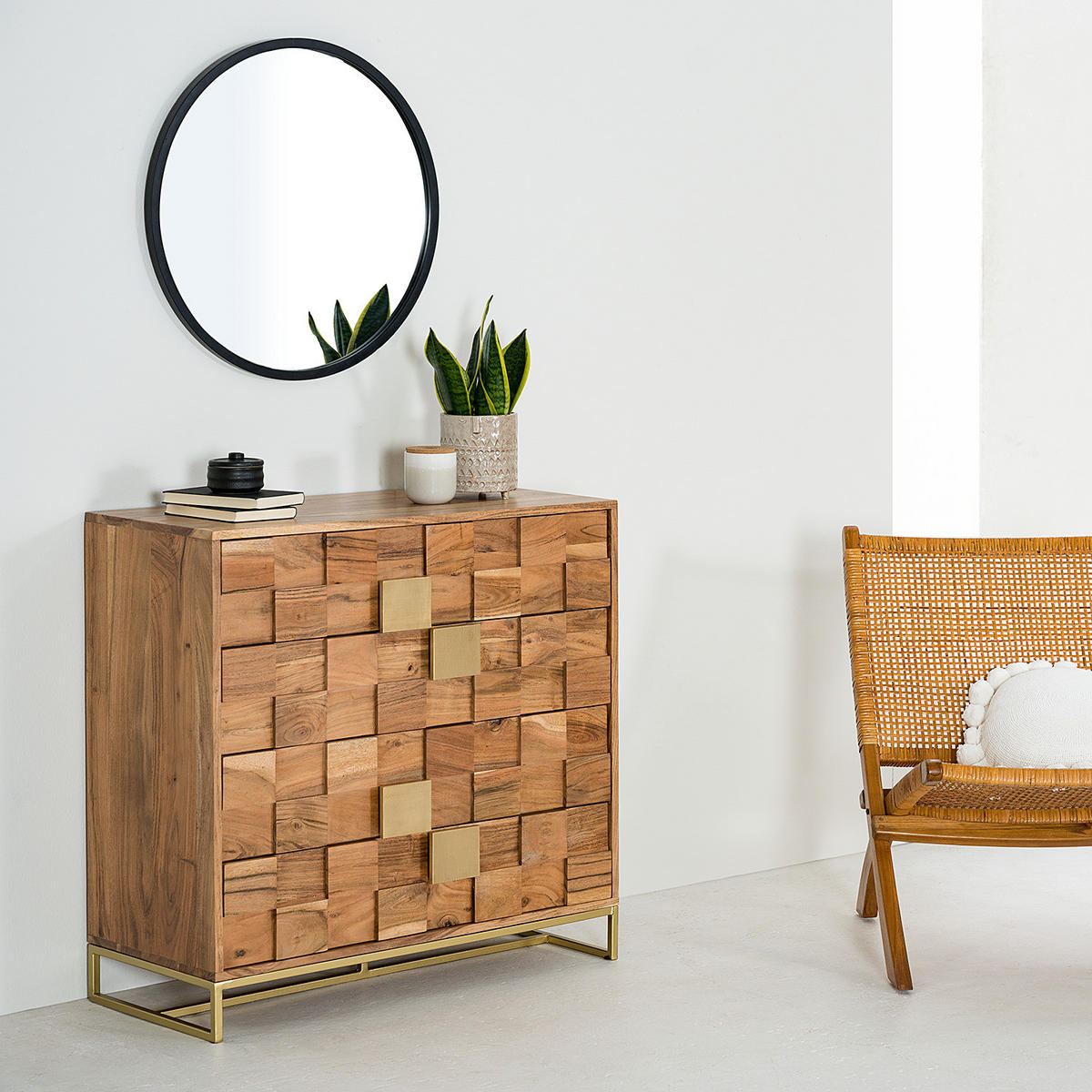 KOMMODE mit 4 Schubladen - Akazie massiv / Eisen - Goldfarben/Akaziefarben, Holz/Metall (85/85/40cm) - home24