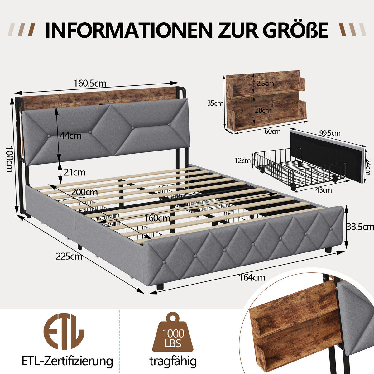 POLSTERBETT 160/200 cm mit beidseitigen Stauraumschubladen, separate Holz-Wandablagen mit USB-Anschluss, grauer Leinenoptik-Bezug - Grau, Holz/Metall (160/200cm) - Joyfair