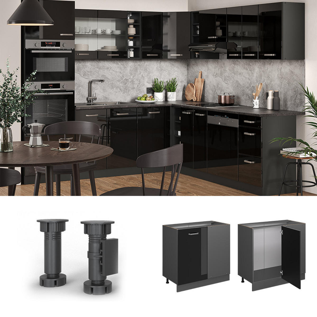 ECKUNTERSCHRANK R-Line Schwarz Hochglanz 86 cm, AP Eiche - Schwarz Hochglanz/Anthrazit, Holzwerkstoff (86/81.6/60cm) - Vicco