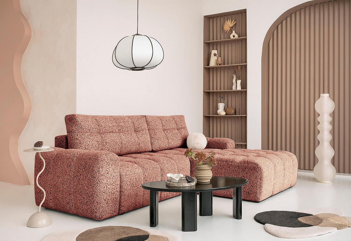 ECKSOFA mit Schlaffunktion - Strukturstoff - Beige/Rot, Kunststoff/Textil (268/184cm) - home24