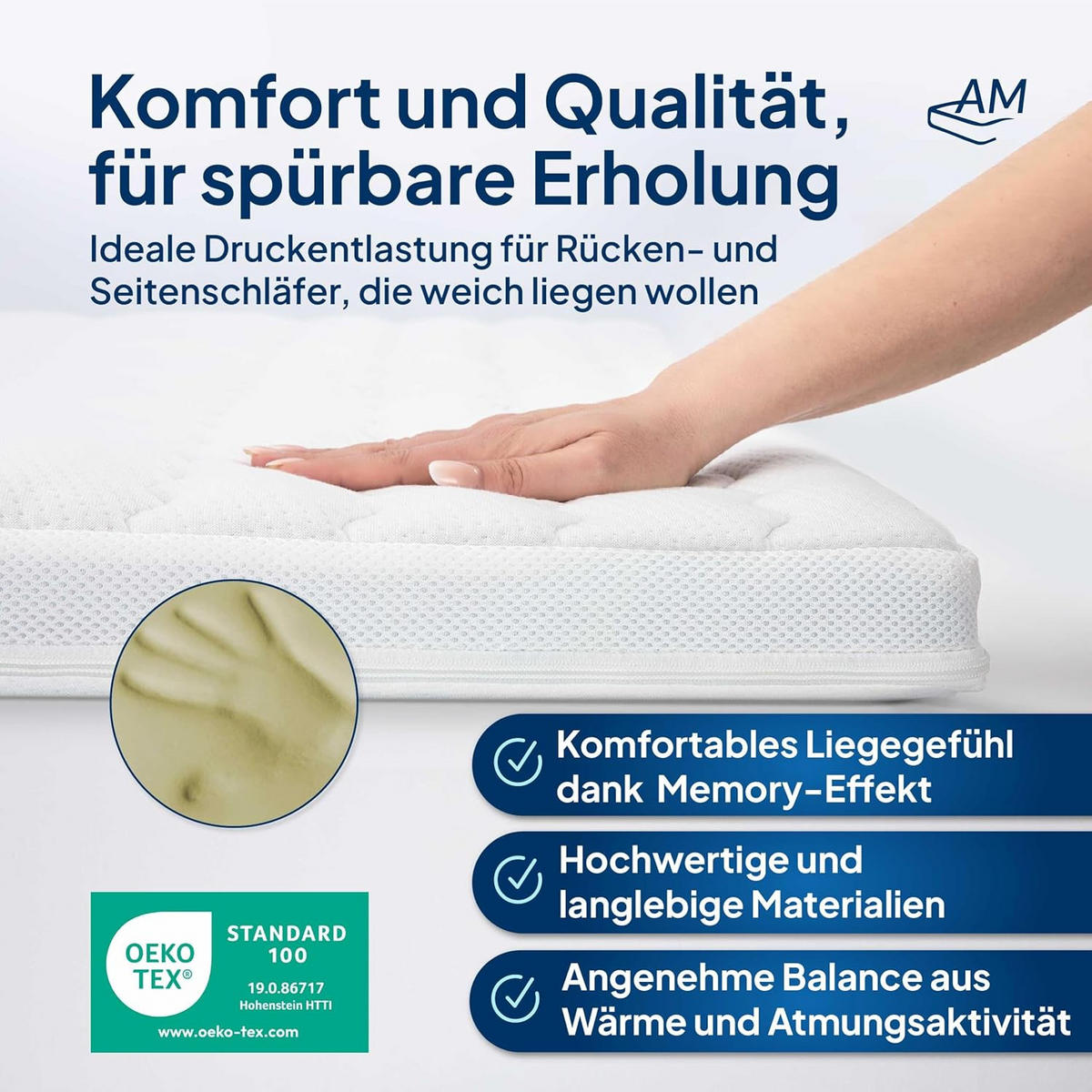 VISCOTOPPER 90/200 cm - výška 6 cm a potah z tencelu - bílá, textil (90/200cm) - AM Qualitätsmatratzen