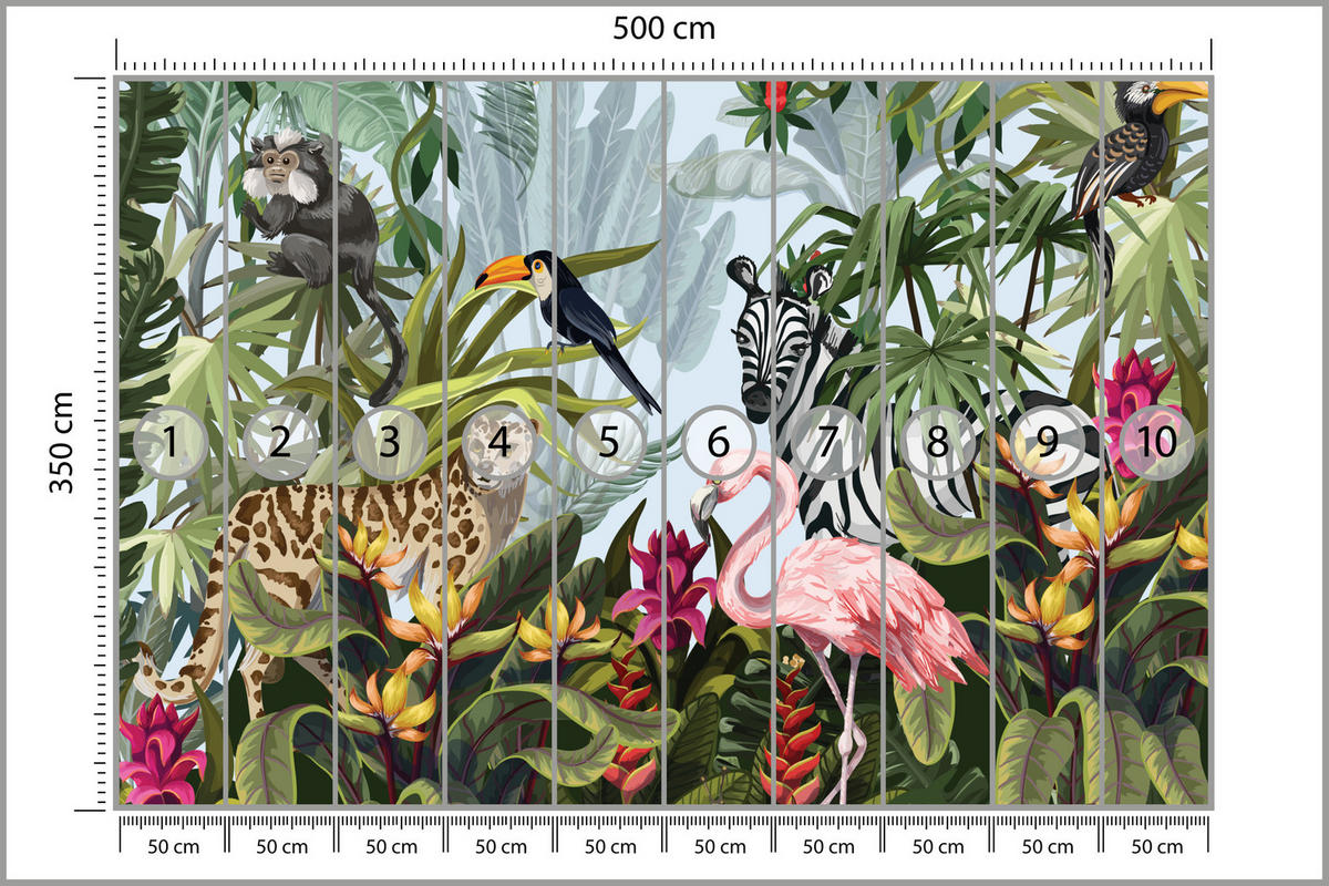 FOTOTAPETE für Kinderzimmer Tropische Pflanzen Tiere Flamingo Rippen 500x350 - Multicolor, Papier (500/350cm) - Muralo