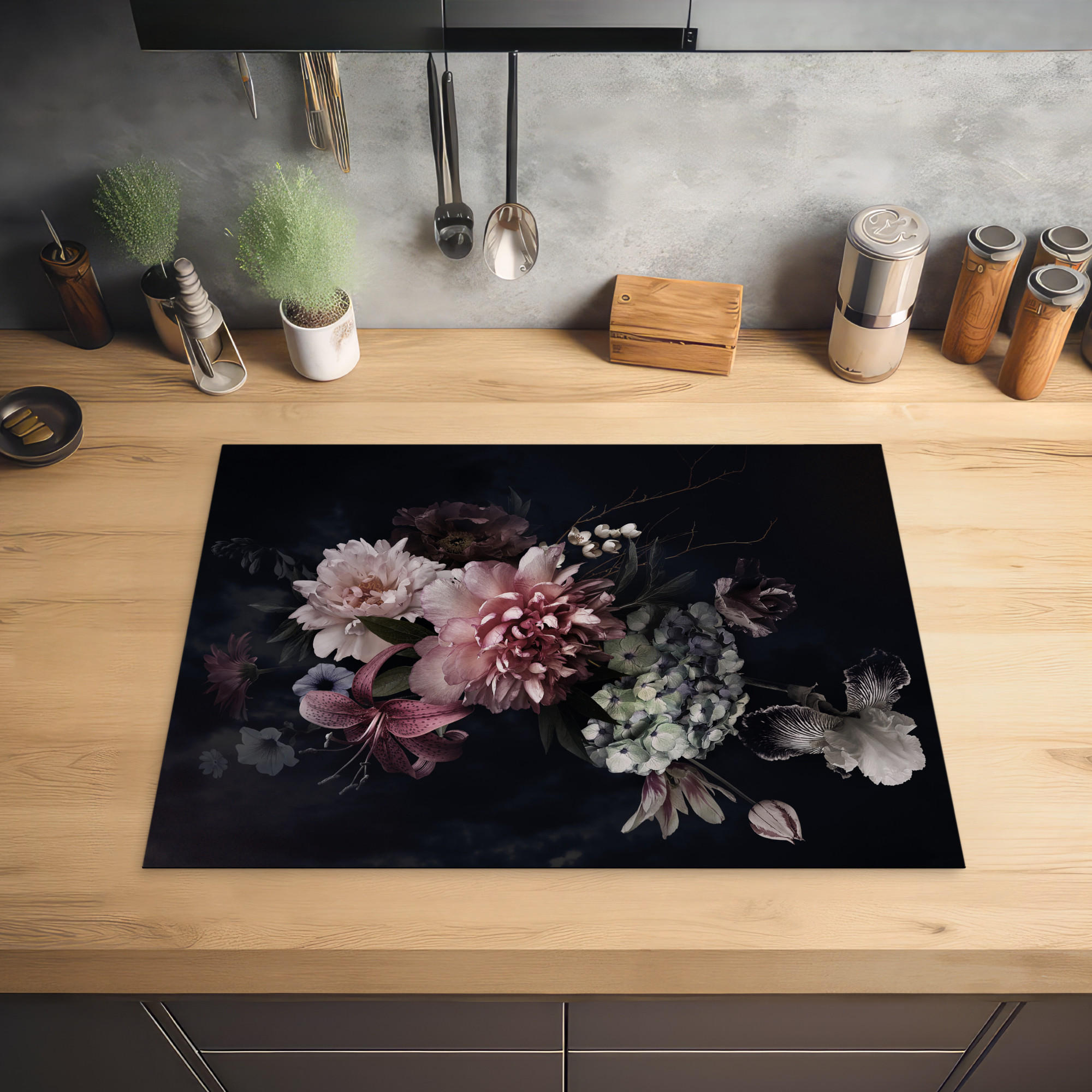 HERDABDECKPLATTE Blumen - Vintage - Pastell - Rosa - Weiß 70x52 cm - Altrosa, Kunststoff (70/0.2/52cm) - MuchoWow