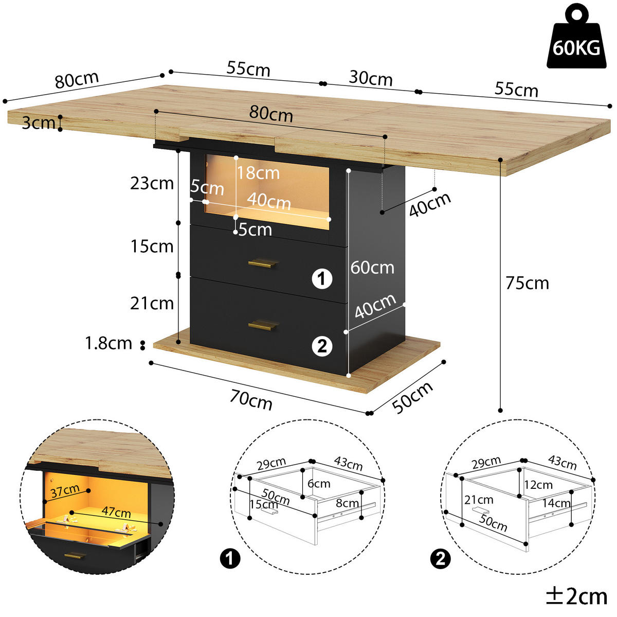 ESSTISCH 110-140x80x75 cm in Natur und Schwarz aus MDF mit LED-Beinen ausziehbar - Naturfarben, Holzwerkstoff (140/80/75cm) - Modfu