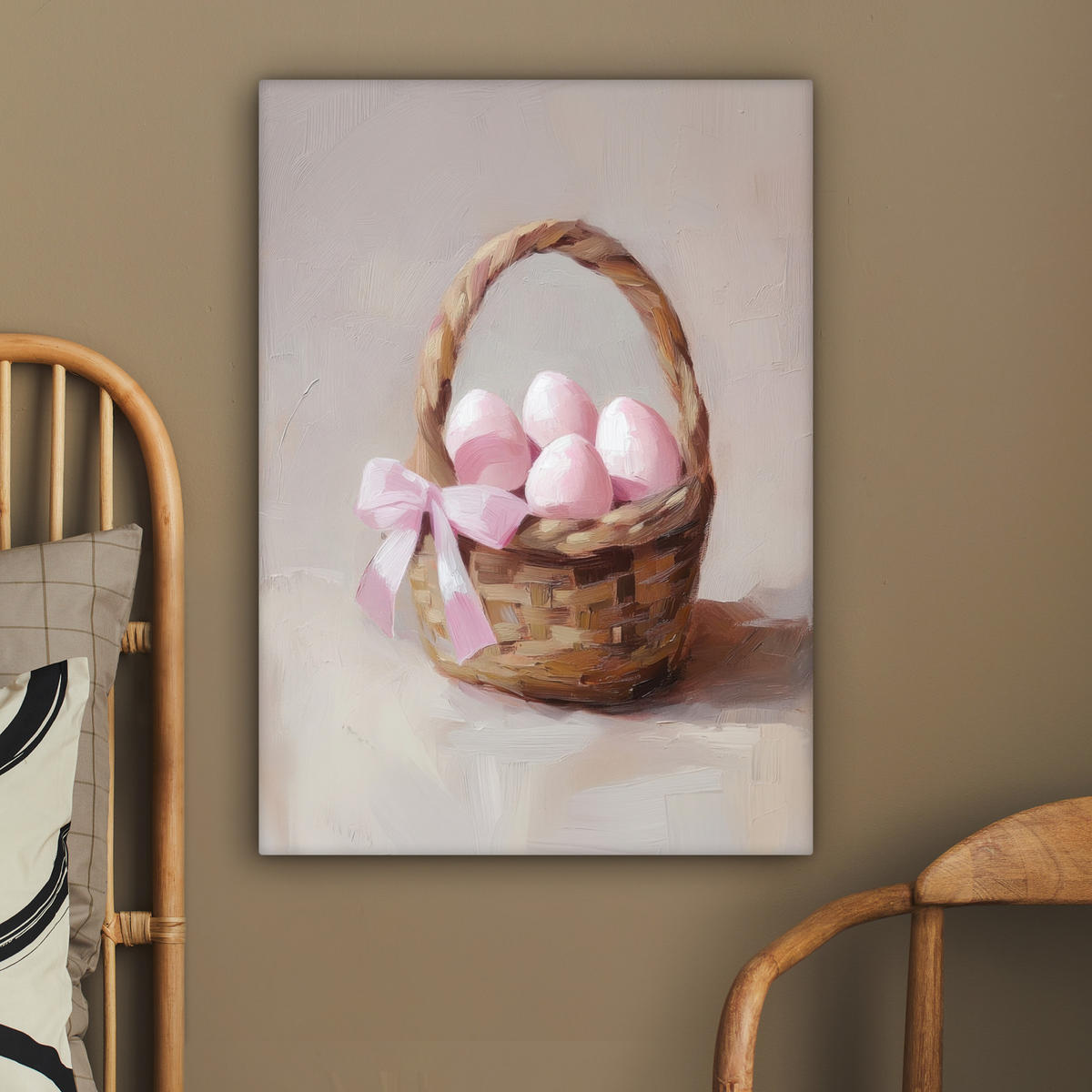 LEINWANDBILD Korb - Eier - Rosa Wandbild Wohnzimmer 60x80 cm - Beige, Textil (60/80cm) - MuchoWow