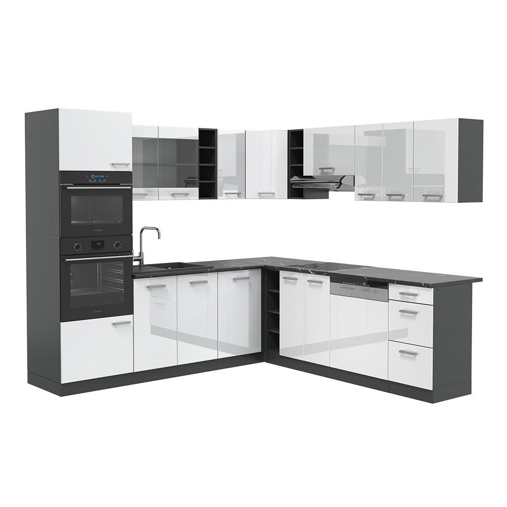 ECKKÜCHE R-Line Weiß Hochglanz/Anthrazit 237 x 60 cm ohne AP - Weiß Hochglanz/Anthrazit, Holzwerkstoff (247/81.6/46cm) - Vicco