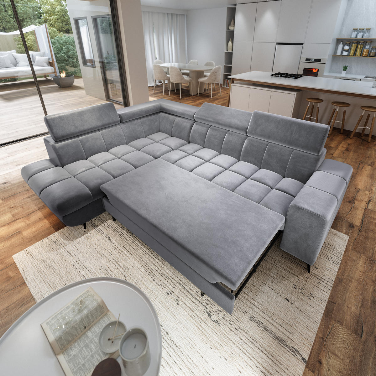 ECKSOFA MORIVA L-S Hellgrau Velours-Stoff mit Schlaffunktion - Hellgrau, Holz (253/190cm) - MASSENO