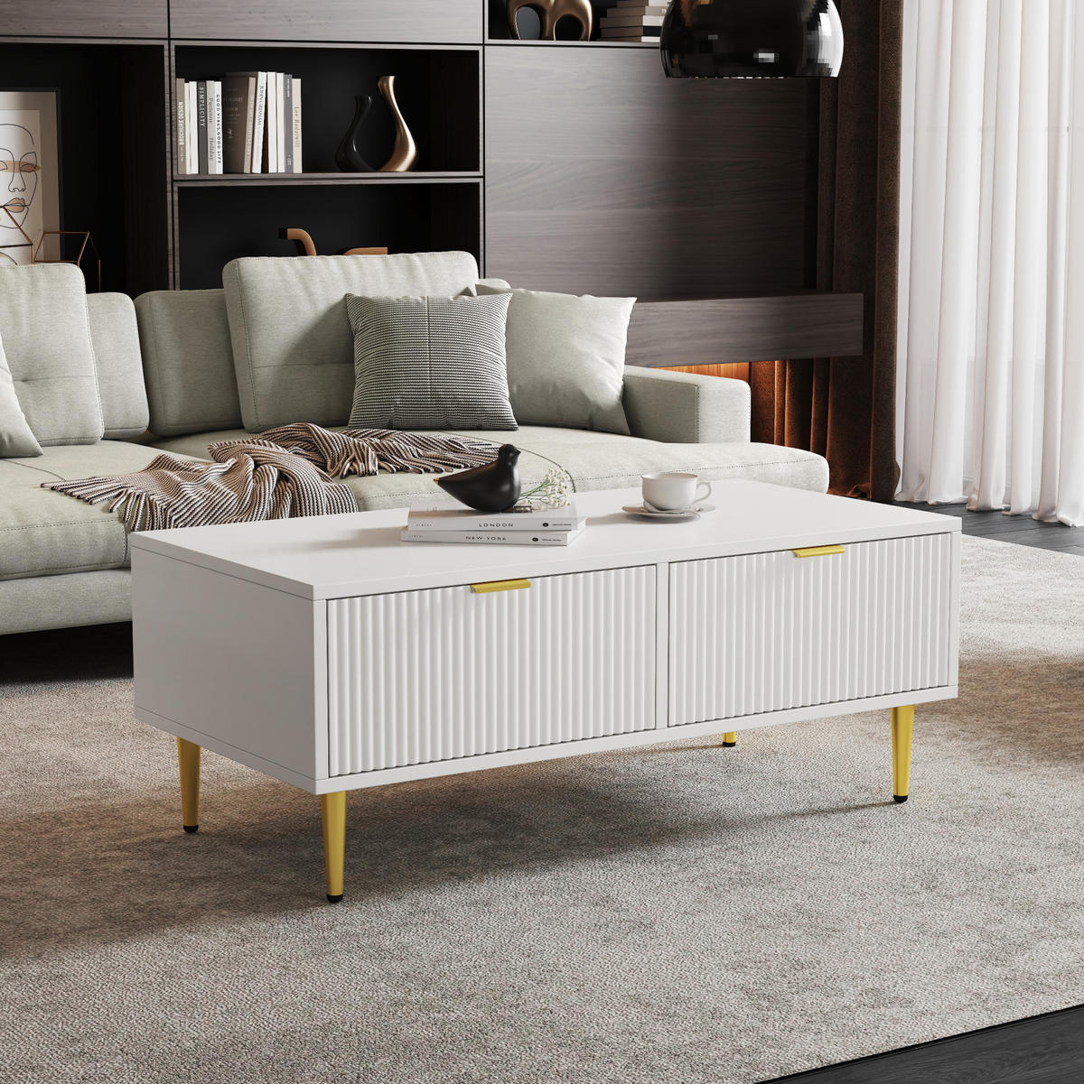 COUCHTISCH 100/50 cm mit 2 Schubladen und Ablageboden in Weiß/Gold - Weiß, Holzwerkstoff (100/50/40cm) - BEAOK