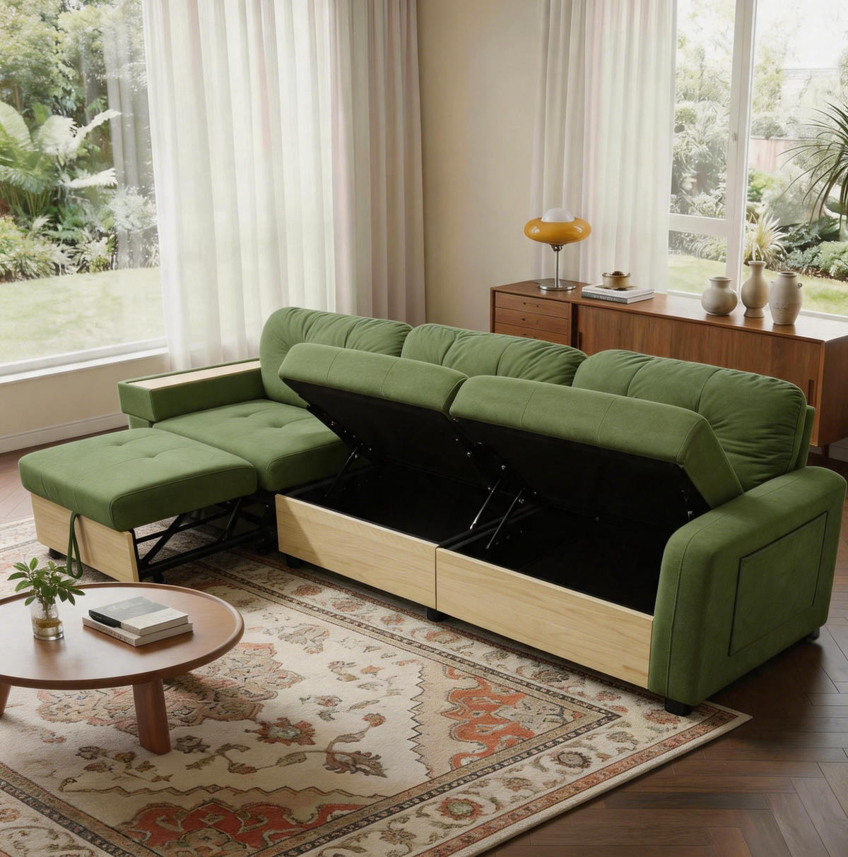 ECKSOFA 228/80/78 cm aus Samt mit ausziehbarer Ottomane und USB-Anschluss Grün - Grün, Textil (80/228cm) - Modenvie
