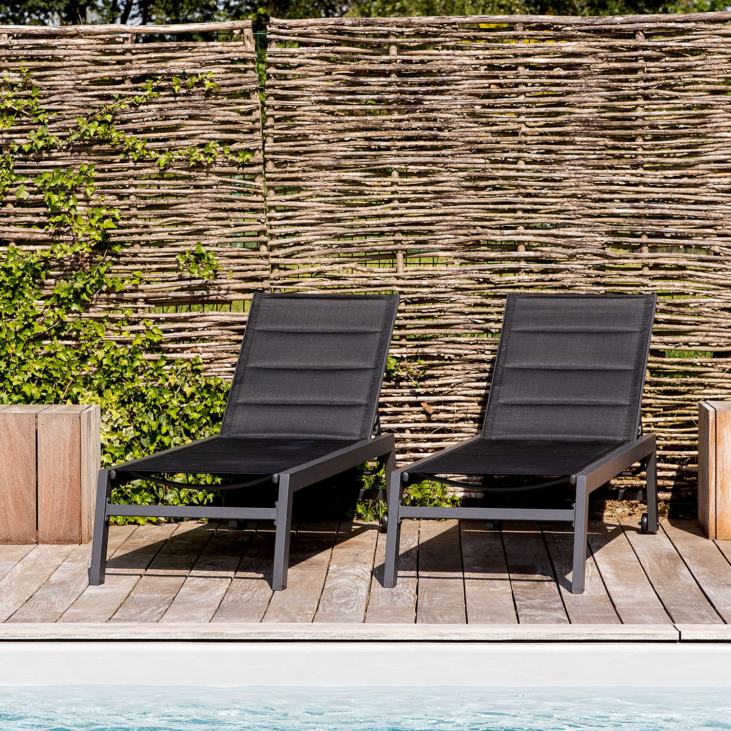 SONNENLIEGEN Barbados Schwarz und Anthrazitgrau 2er-Set - Schwarz, Metall (61/95/198cm) - Happy Garden
