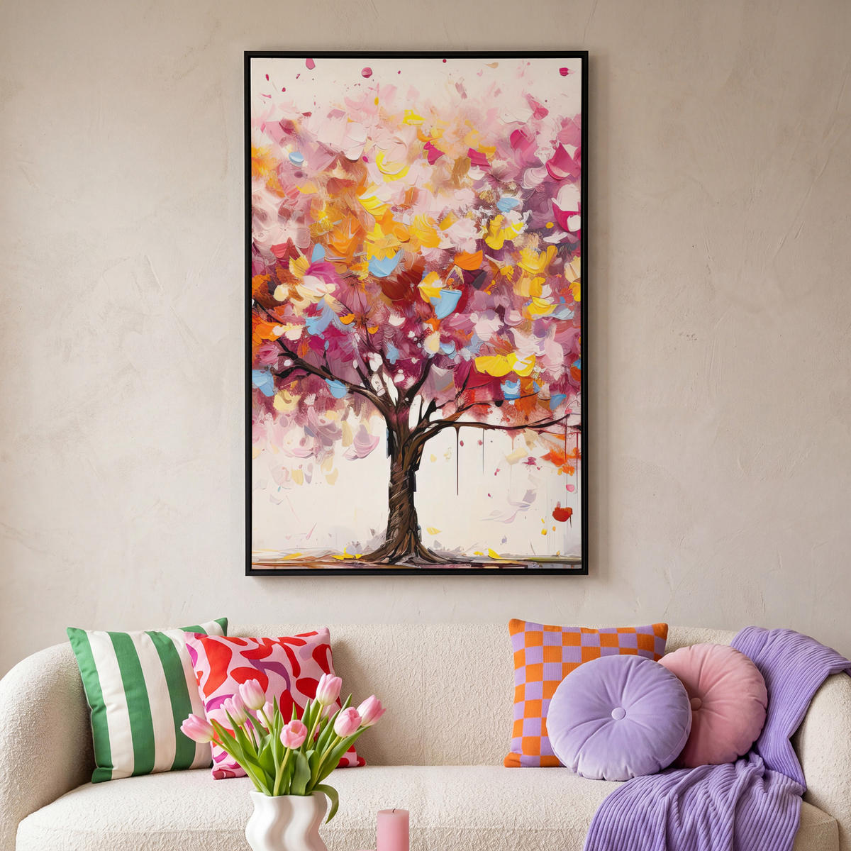 LEINWAND Bilder mit Rahmen - Aquarell - Baum - Kunst - Abstrakt - 80x120 - Multicolor, Textil (80/120cm) - MuchoWow