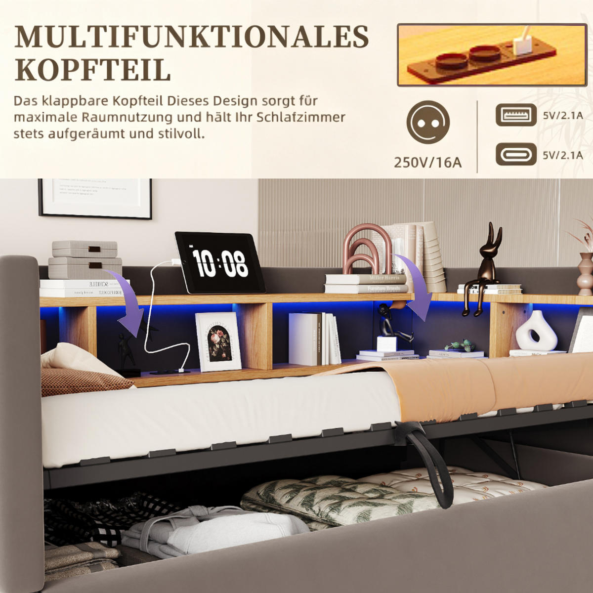 POLSTERBETT 90*190 cm mit Hydraulik, LED und Ablagen, Dunkelgrau - Dunkelgrau, Textil (90/190cm) - FLIEKS
