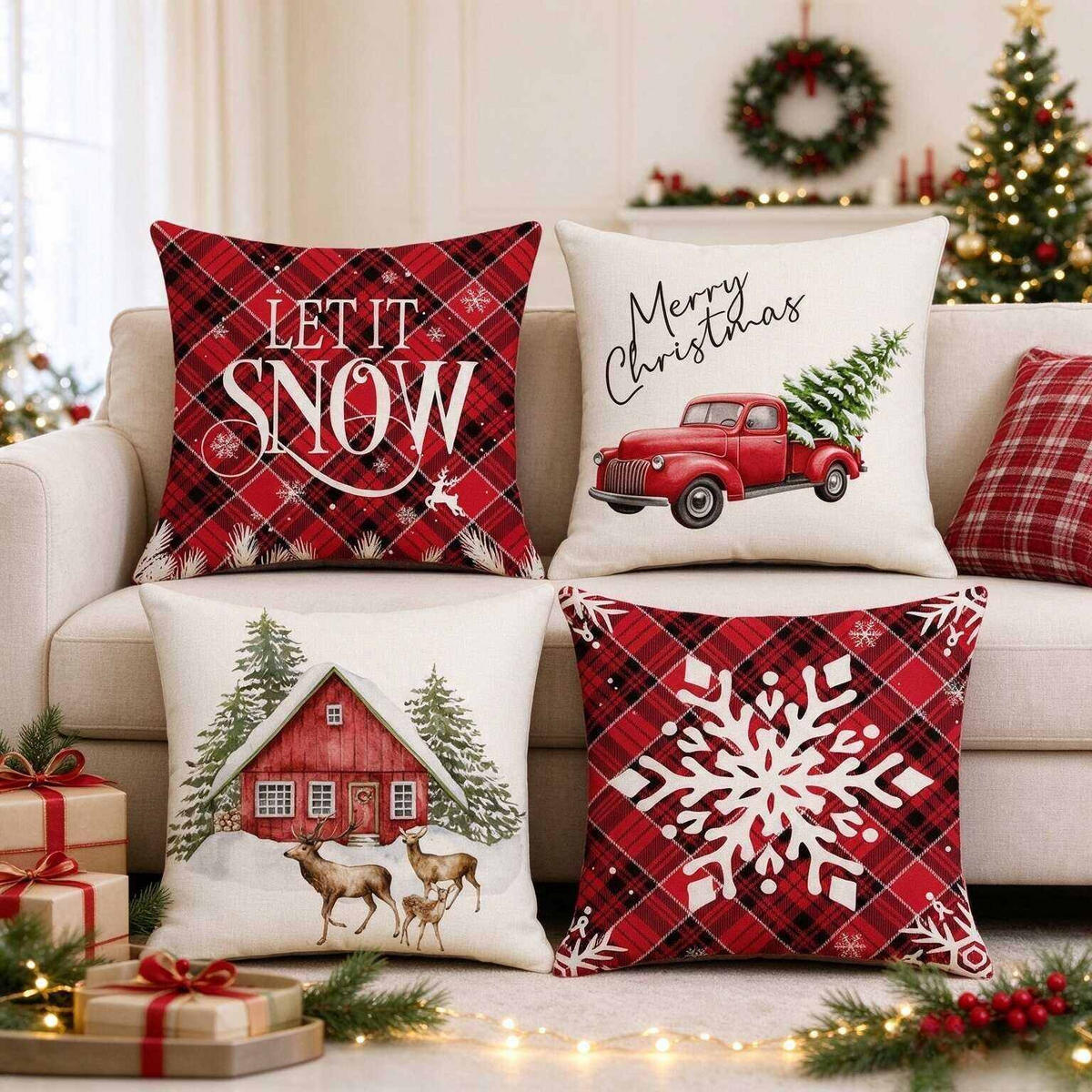 KISSENBEZUG – Weihnachtskissenbezug (Kissenfüllung nicht enthalten) – 45 x 45 cm – Multicolor(vier Stück) - Multicolor, Textil (45/45cm)