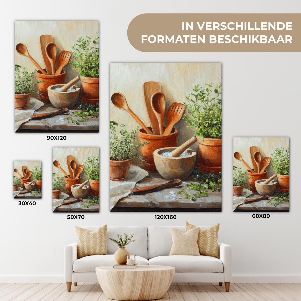 LEINWANDBILD Töpfe - Kräuter - Holz Wandbild Wohnzimmer 60x80 cm - Terracotta, Textil (60/80cm) - MuchoWow