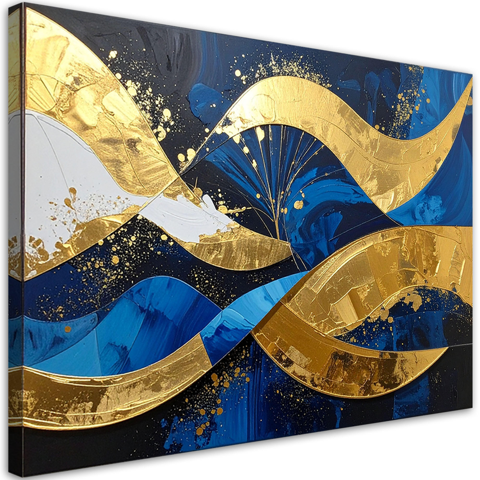 WANDBILD, Abstrakte goldene Wellen auf marineblauem Hintergrund - Blau, Textil (30/20cm) - Feeby