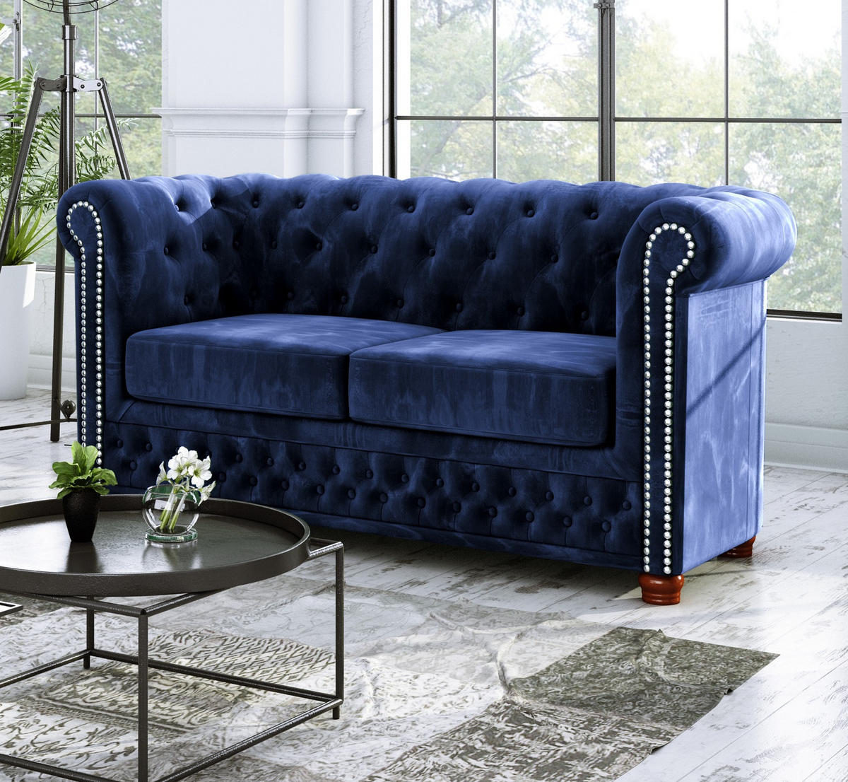 SITZGARNITUR 3+2+1 Chesterfield Lauren Marineblau Samt - Dunkelblau/Braun, Holz/Textil (203/72/86cm) - S-Style Möbel