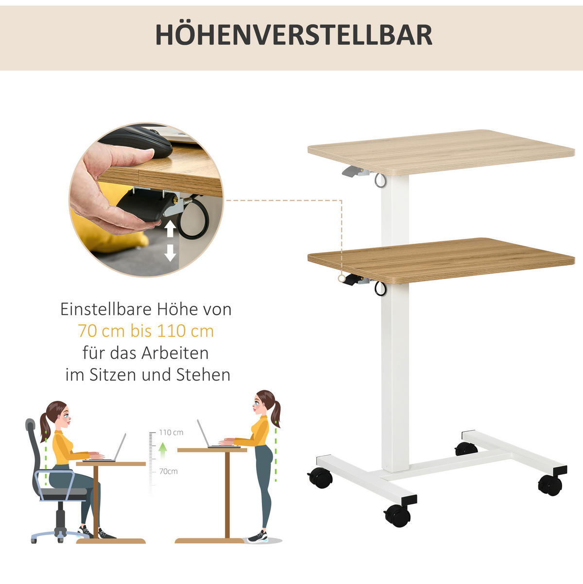 SCHREIBTISCH höhenverstellbar 65 x 48 x 70-110 cm Stahl Natural - Braun, Metall (65/48/110cm) - Meubliv