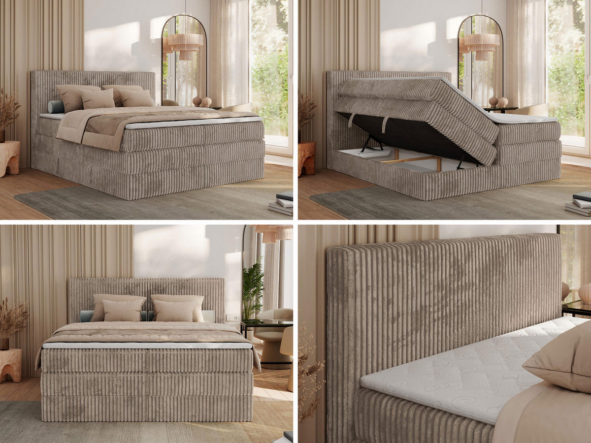 BOXSPRINGBETT TILIANO KING - 200/200 - Hellbraun Cord - H3 - Hellbraun, Holz/Textil (200/200cm) - MKS