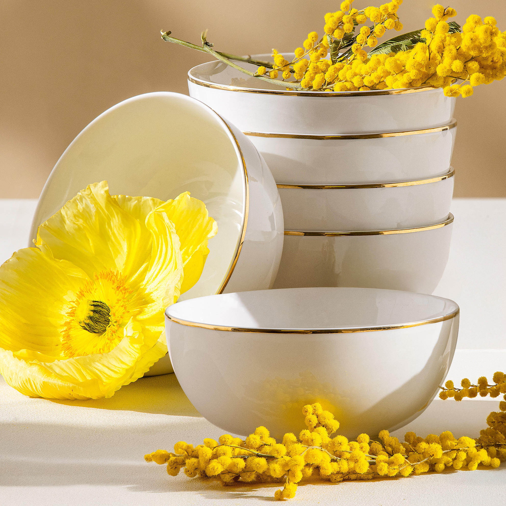 SCHÜSSEL-SET AD BELLA, 6-tlg - Ecru/Goldfarben, Keramik - KONSIMO®