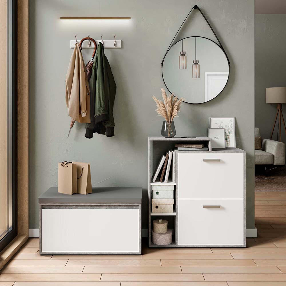 SCHUHKIPPER Orlando Beton 2 Teile, mit Sitzbank - Weiß/Grau, Holzwerkstoff (80/90/39cm) - Vicco