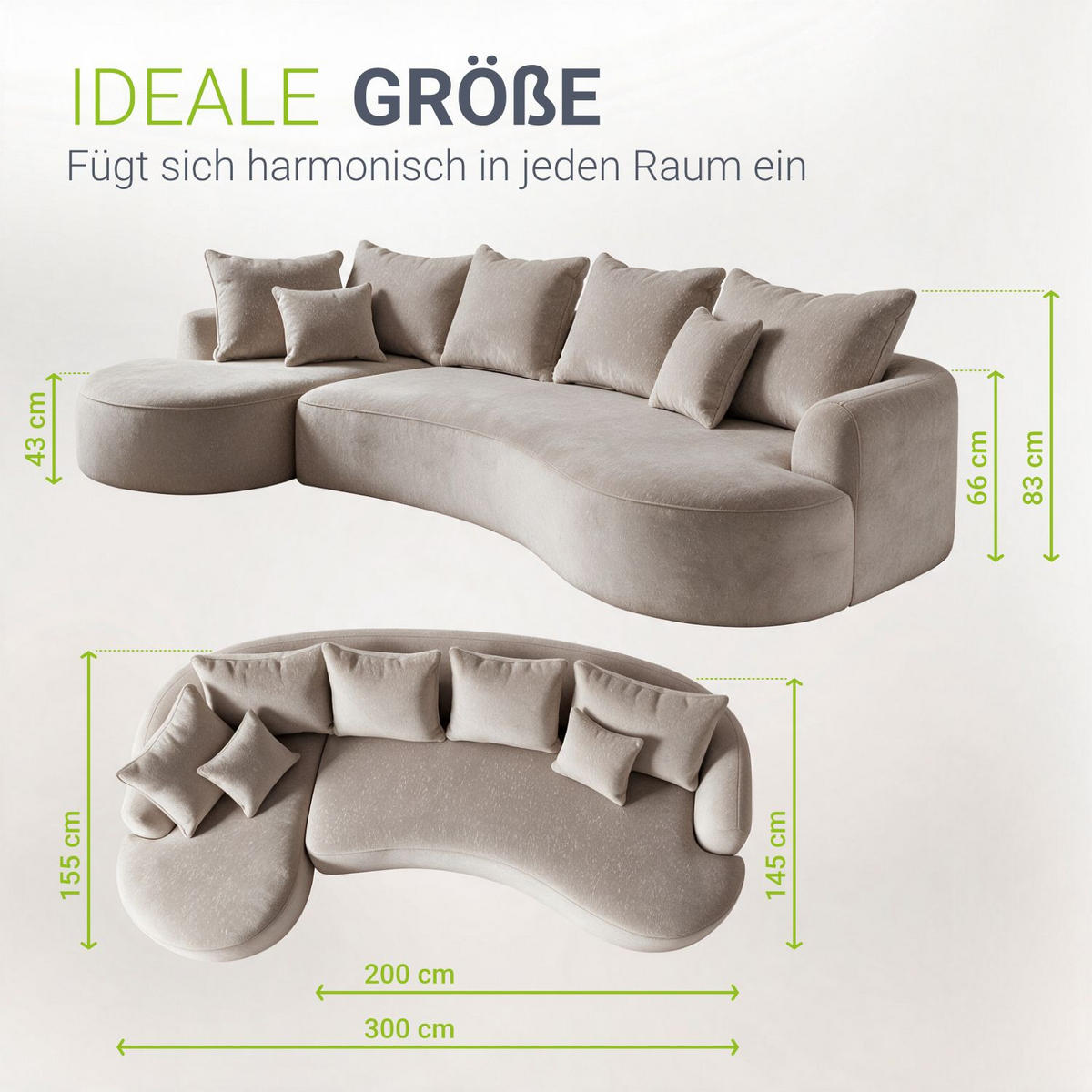 SOFA Tirano Samt Beige mit Ottomane links - Beige, Textil (102/300cm) - Juskys