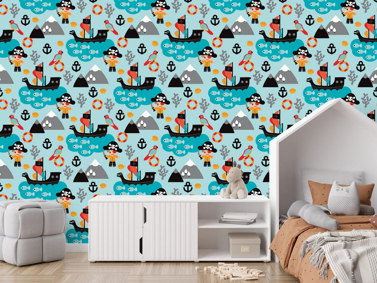 VLIESTAPETE Piraten, Schiffe und Meer – Türkis, Bunt – 50x1000 cm - Türkis/Multicolor, Papier (50/1000cm) - Muralo