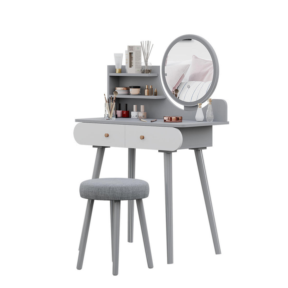 SCHMINKTISCH Edda Grau 80 cm mit LED Beleuchtung und Hocker - Grau, Holzwerkstoff (80/121/40cm) - Vicco