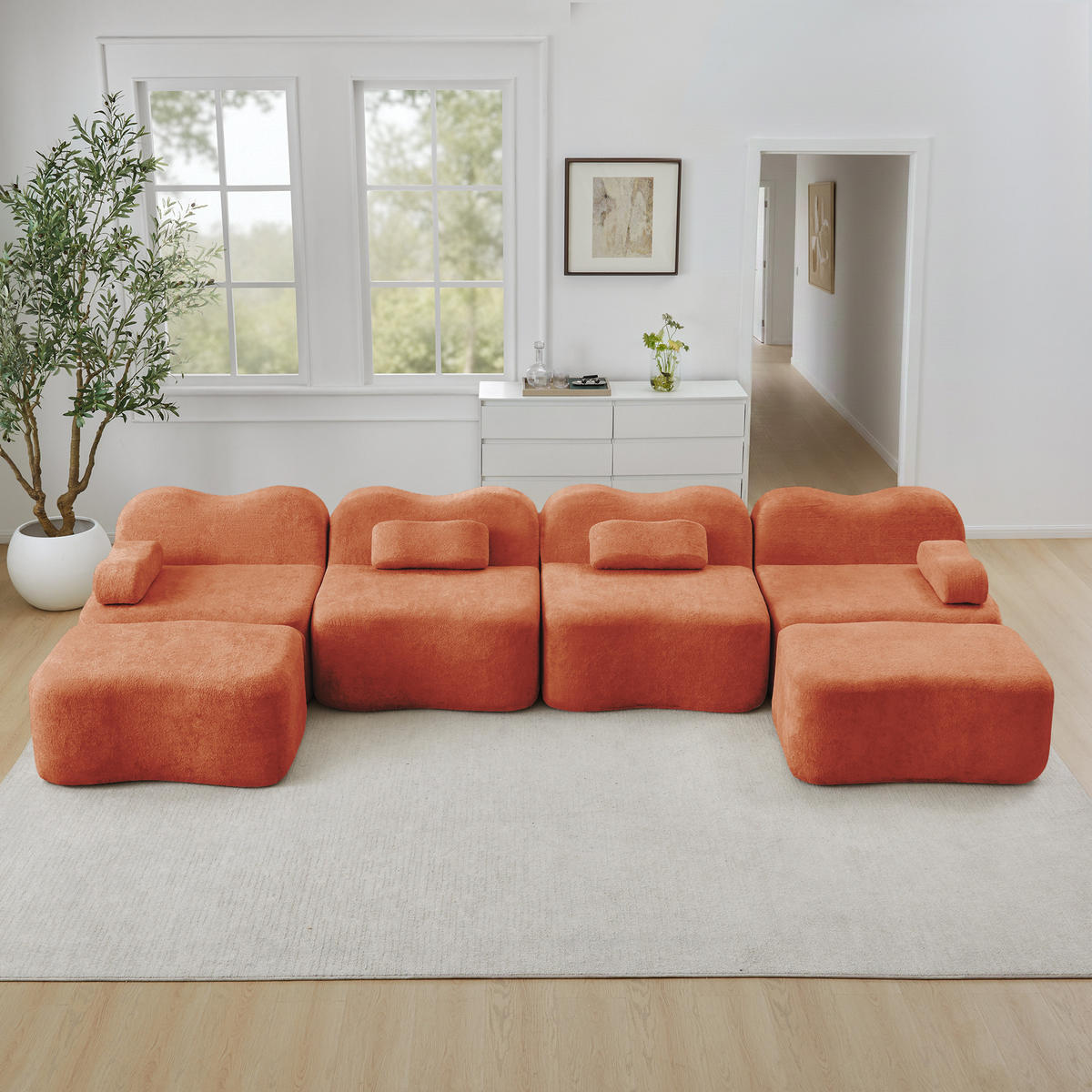 WOHNLANDSCHAFT Samt Orange mit 2 Hocker - Orange, Textil (384/70/167cm) - WISHDOR