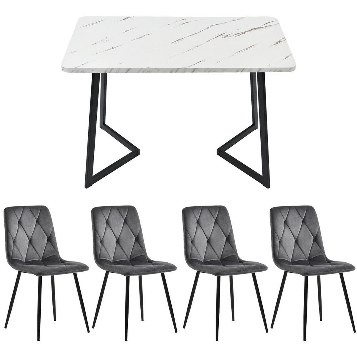 TISCHGRUPPE 5-tlg 117x68cm mit 4 Samtstühlen Dunkelgrau und Tisch Marmoroptik - Grau, Glas/Metall (74/10/130cm) - Raelunyi