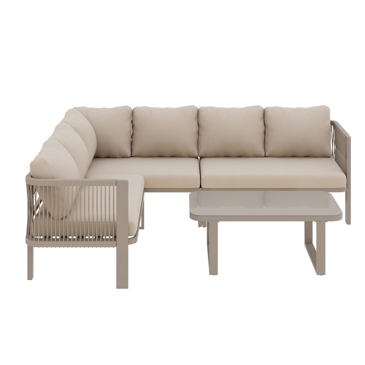 GARTENMÖBEL-SET 6 Personen Eckstellung Stahlrohr Glasplatte Khaki - Hellbraun, Textil - FLIEKS