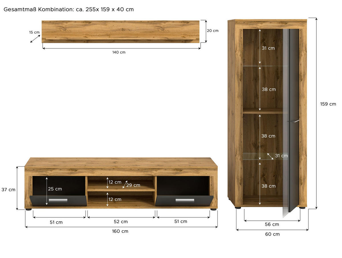 WOHNWAND Milo 3 tlg. (B/H/T: ca. 235/159/40 cm) in Wotan Eiche /grau - Eiche Wotan, Holzwerkstoff (235/159/40cm)