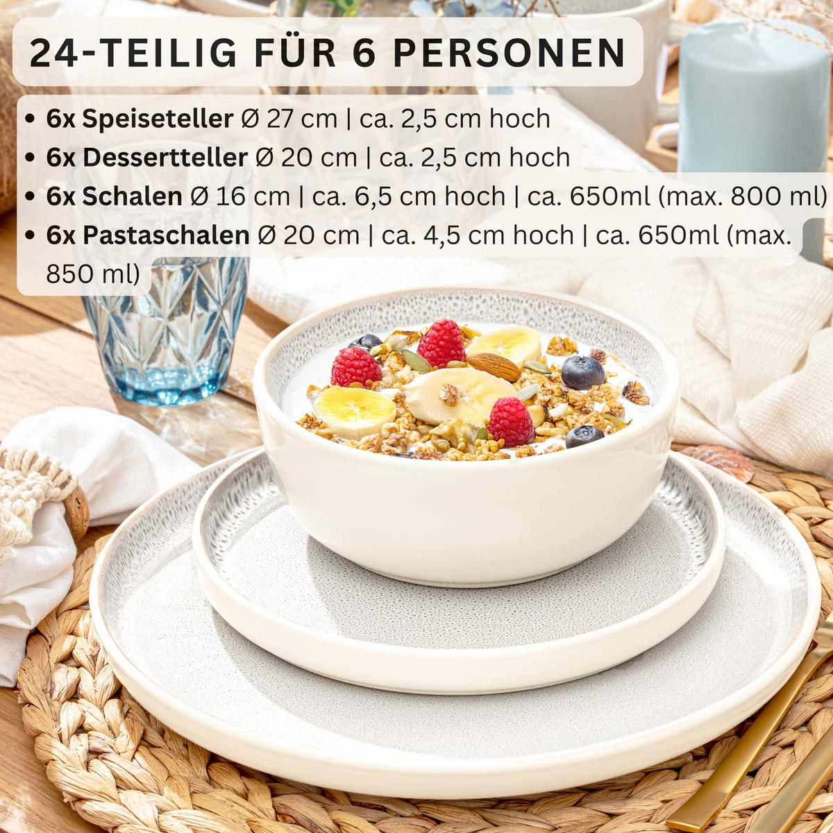 TAFELSERVICE KRETA - 24 teilig aus Steingut - Creme, Stein (27/6.5/27cm) - Sänger