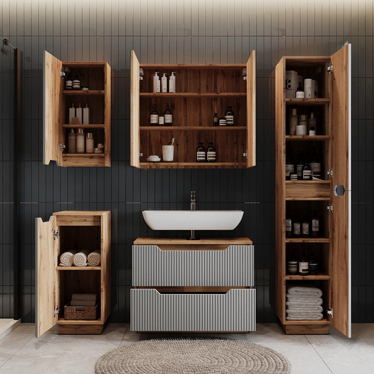 WASCHBECKENUNTERSCHRANK Lotta Eiche/grau gestreift 79.6 x 62.5 cm mit 2 Schubladen - Eichefarben/Grau, Holzwerkstoff (79.6/62.5/32cm) - Vicco