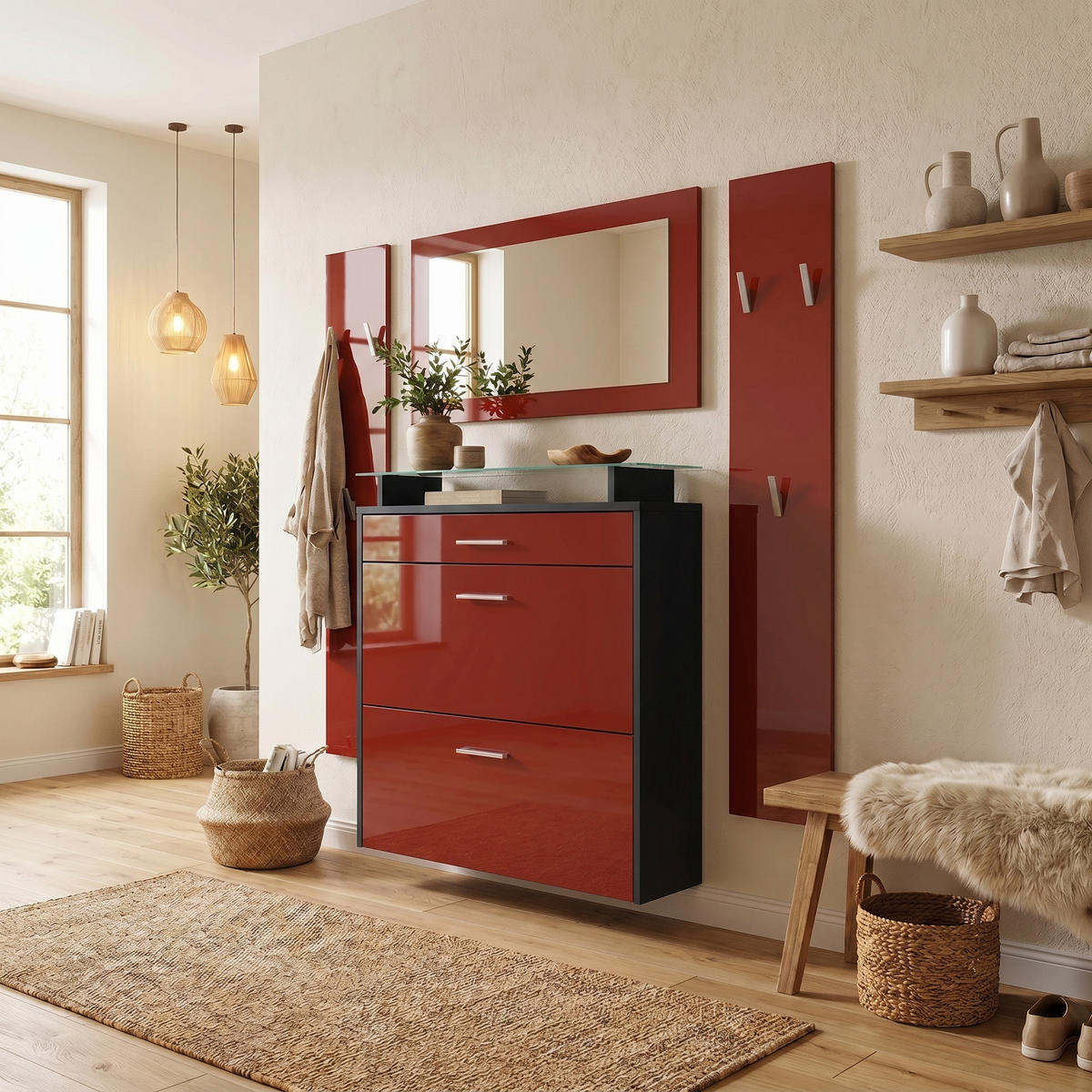 GARDEROBE Malea Front in Bordeaux Hochglanz - Bordeaux, Holzwerkstoff (180/180/23cm) - Vladon