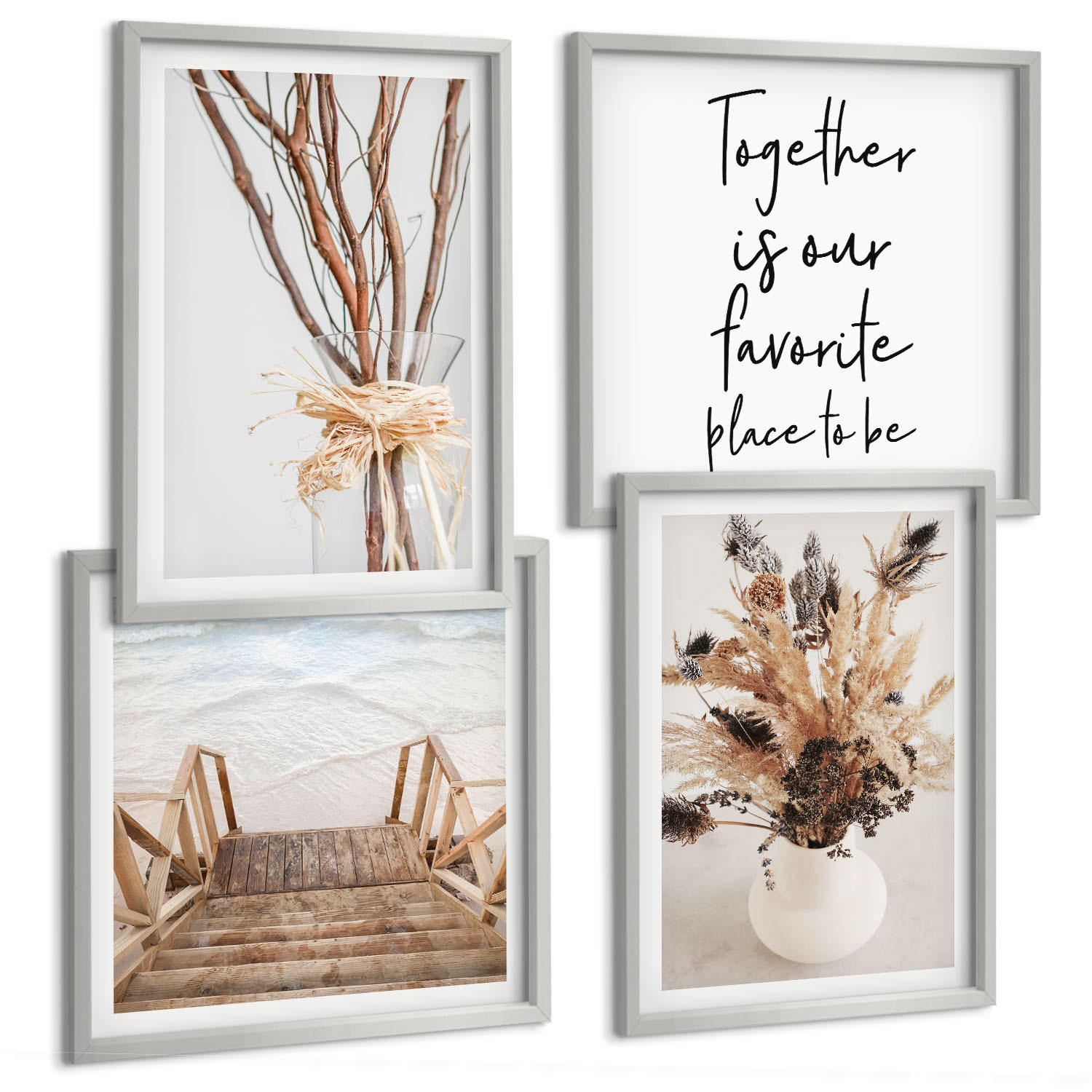 BILDER SET 4er Set - 50x50 cm & 40x60 cm Silberner Rahmen - Blumenzweige Minimalismus Natur - Silberfarben, Kunststoff (50/50cm) - TULUP