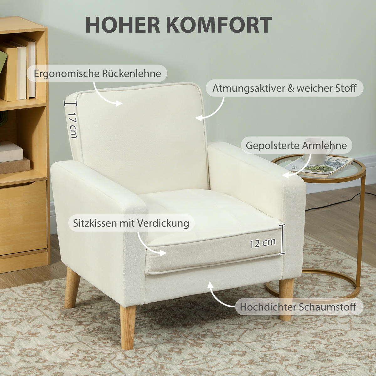 SOFA Polyester Gummiholz Cremeweiß - Creme/Naturfarben, Holz/Textil (76/82/79cm) - HOMCOM
