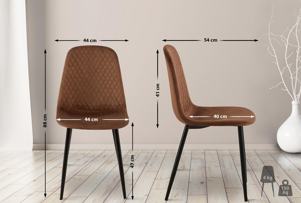 STUHL 4er Set Samt Braun - Schwarz/Braun, Textil/Metall (44/88/54cm) - CLP