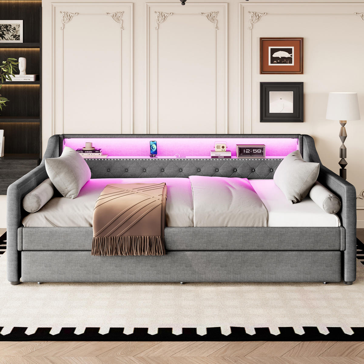 TAGEBETT 90x200cm Grau Leinen LED-Licht Ausziehbett USB - Grau, Holz (90/200cm) - FLIEKS