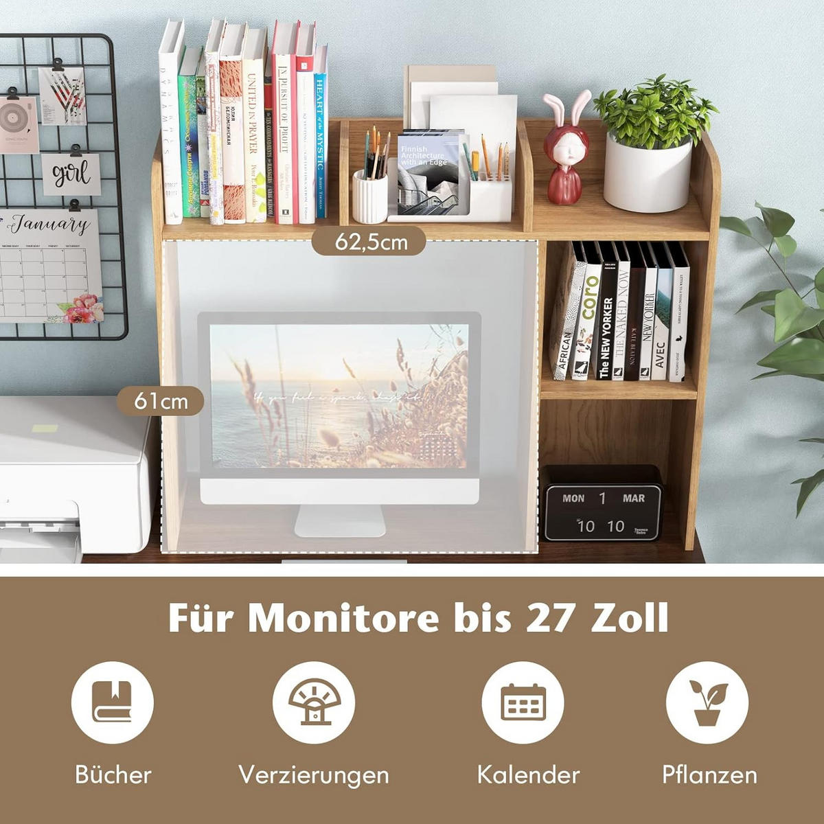 SCHREIBTISCHREGAL Tischregal Holz - Apfelbaumfarben, Holz (94/25/74cm) - COSTWAY