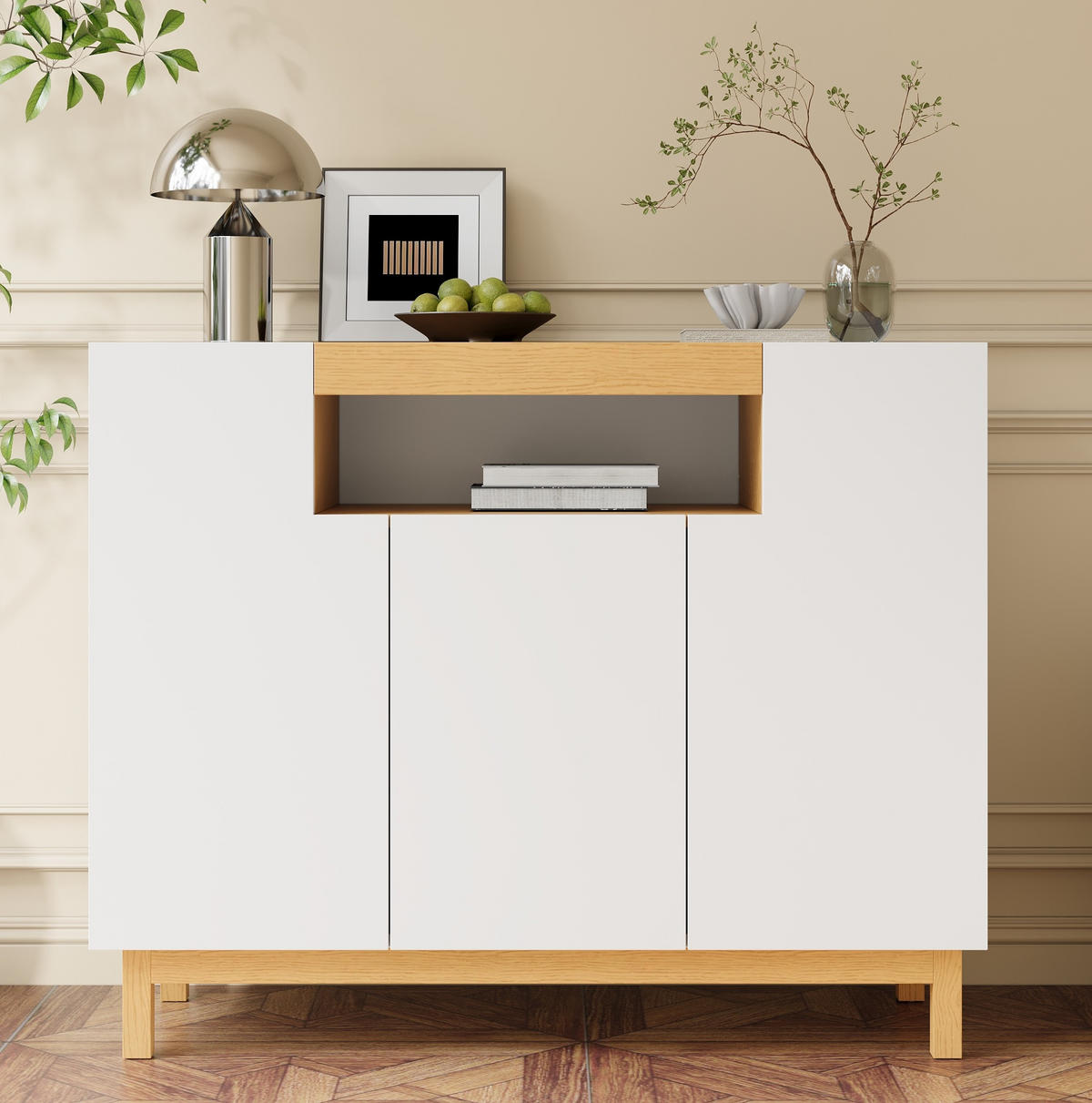 SIDEBOARD aus Spanplatte 120,5x42x96 cm Weiß mit 3 Türen und offenem Fach - Weiß, Holzwerkstoff (120/96/42cm) - IVMEU