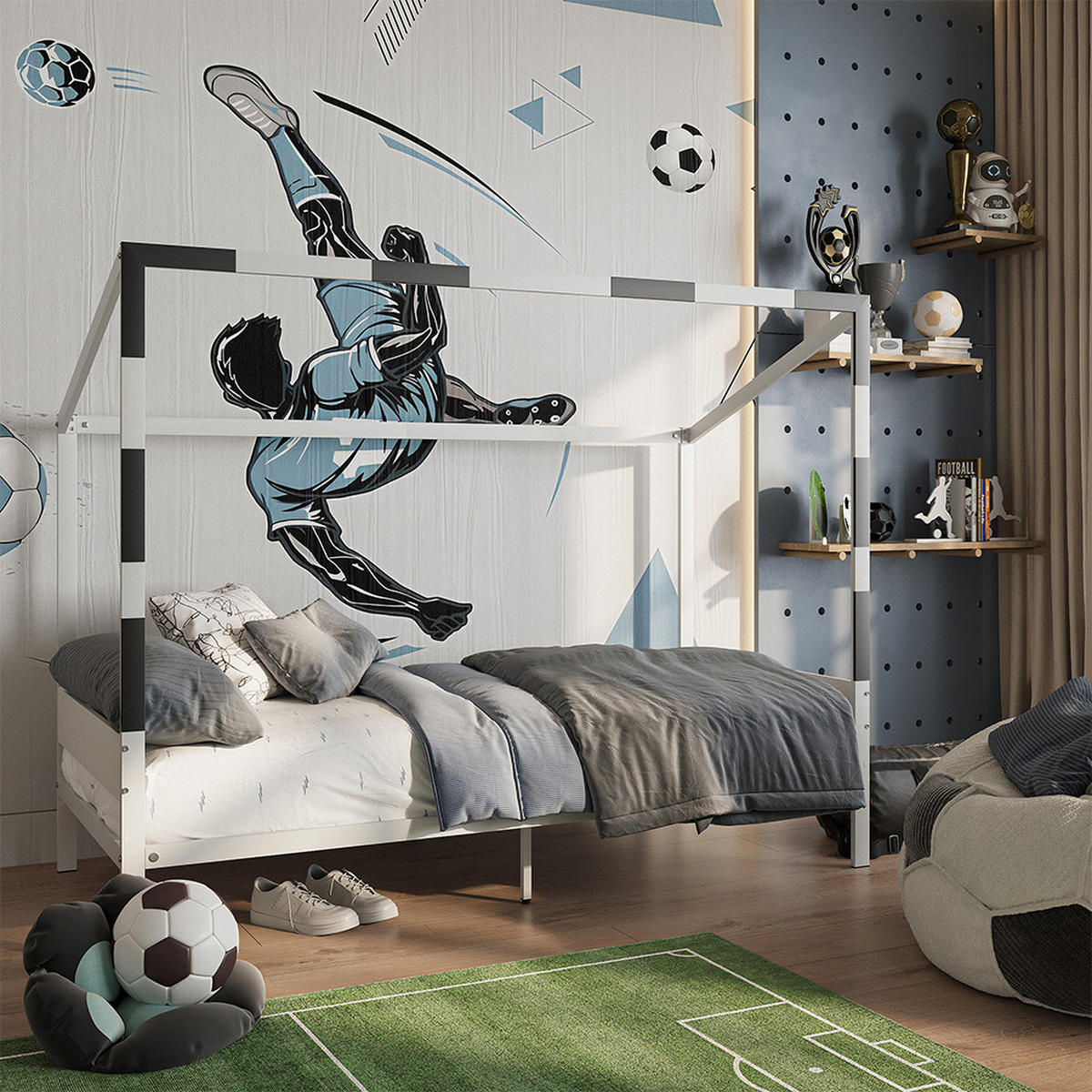 KINDERBETT Goal, Weiß/Schwarz, 90x200 mit Matratze - Schwarz/Weiß, Metall - VitaliSpa