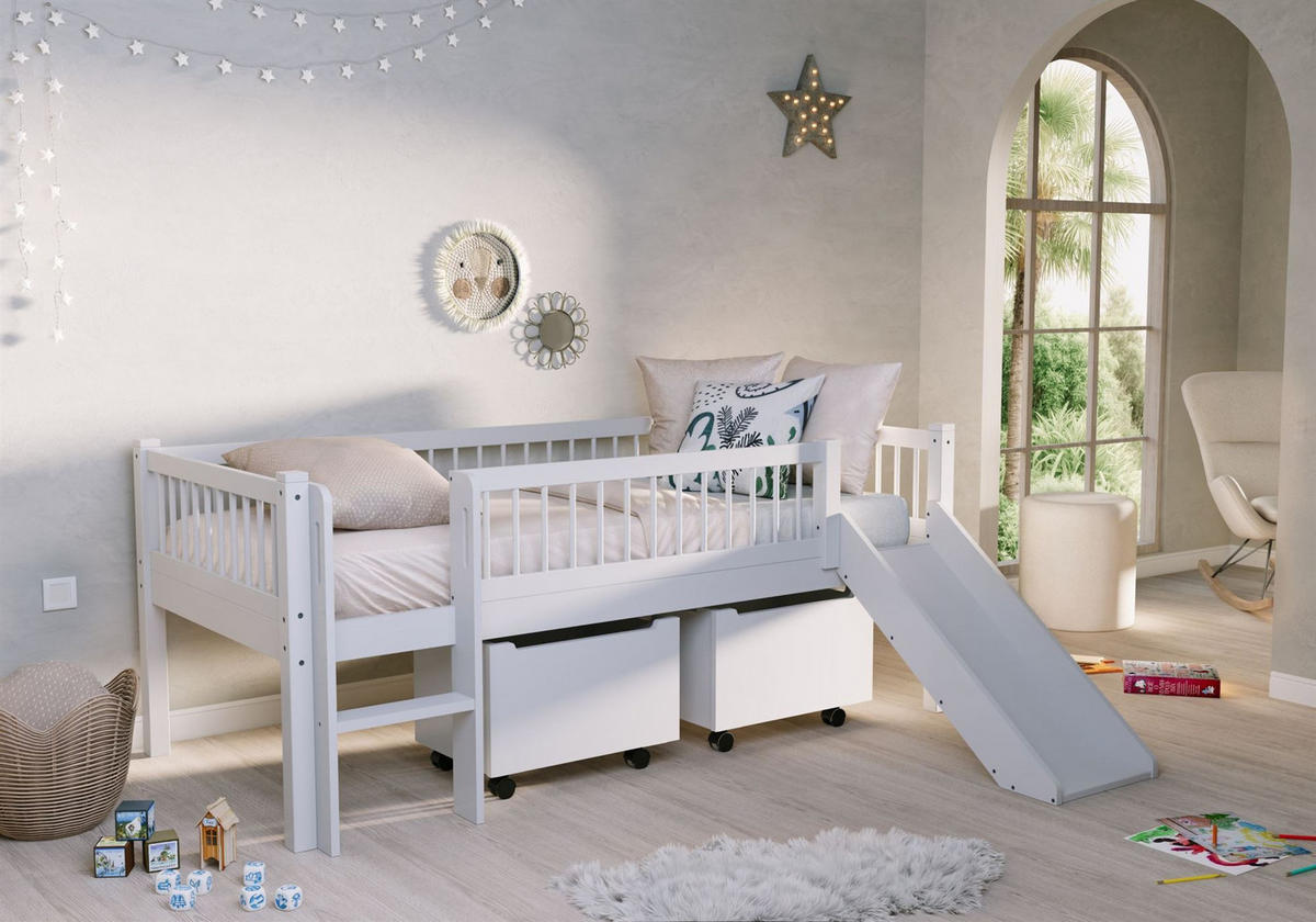 SPIELBETT 90x200 Keeley Buche Weiß Rutsche Boxen Leiter - Weiß, Holz (90/200cm) - 58aufmkessel