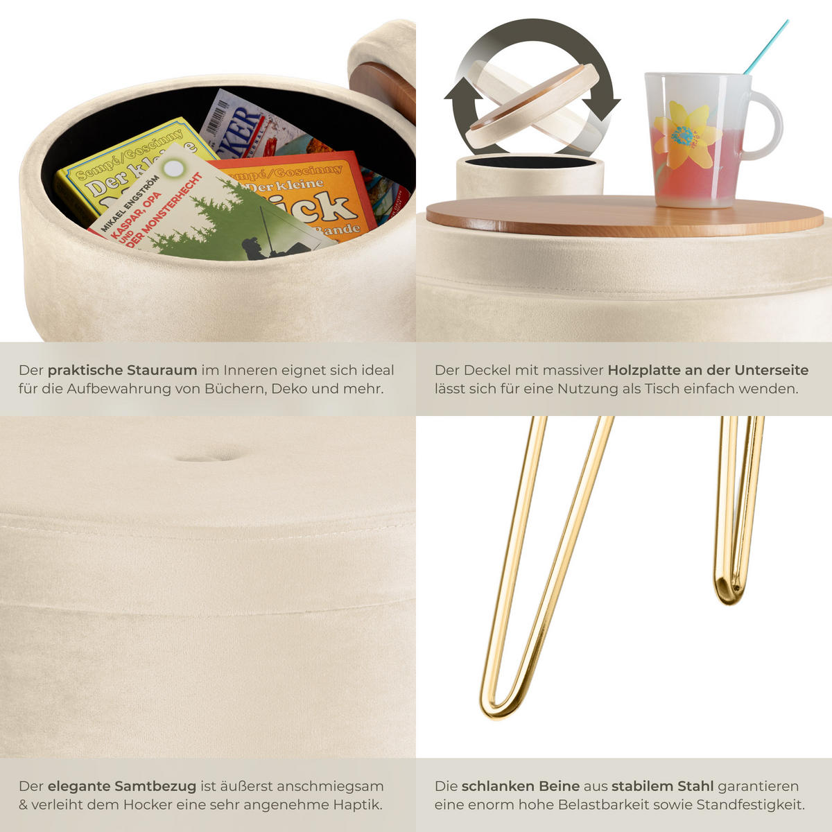 SITZHOCKER mit Stauraum Ava,37,5 x 44,5 cm,creme - Creme, Holz (37.5/44.5/37.5cm) - tectake