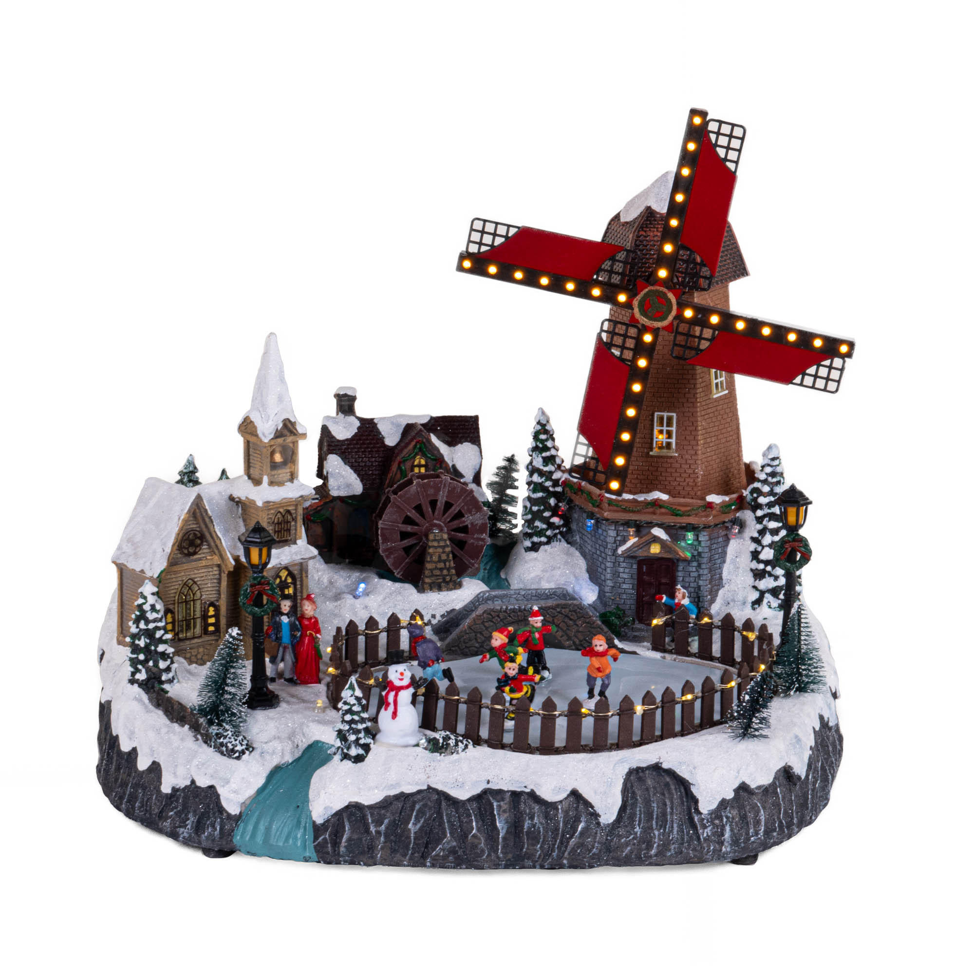WEIHNACHTSDORF mit beweglicher Windmühle 38/27,5/33 cm - Multicolor, Kunststoff (27.5/33/38cm) - Fééric Lights and Christmas