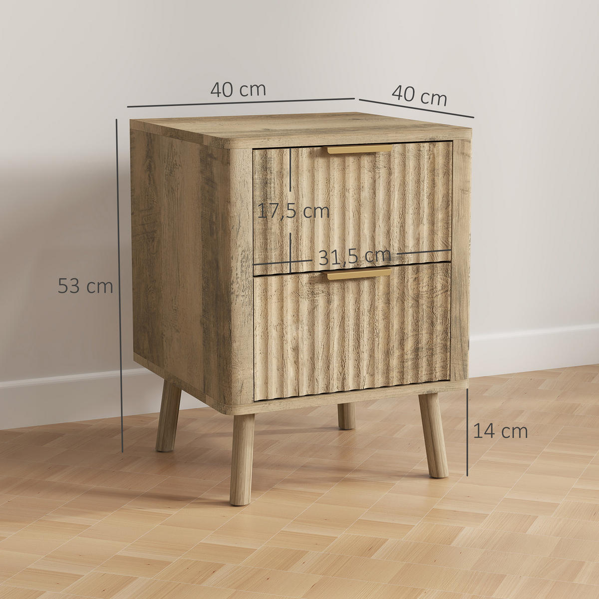 NACHTSCHRANK DE-12878 2 geriffelte Schubladen, goldene Griffe Eiche - Eichefarben, Holzwerkstoff (40/53/40cm) - ComfortXL