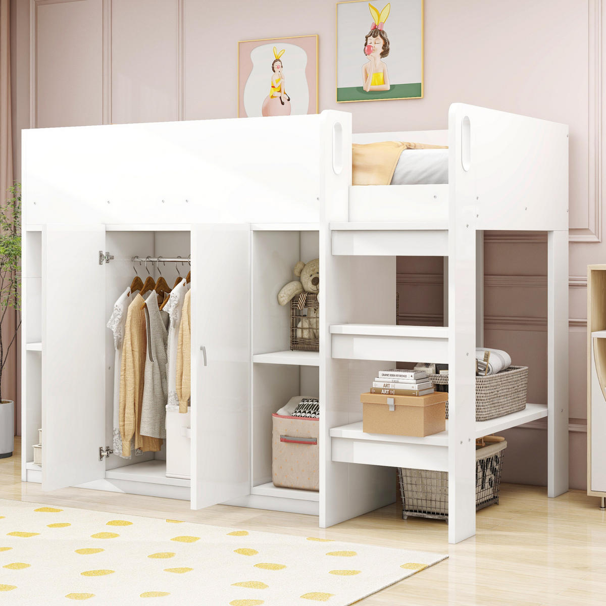 HOCHBETT 90/200 cm mit Stauraum, Schrank und Regalen in Weiß/Grau - Weiß, Holz (90/200cm) - Flora Grace