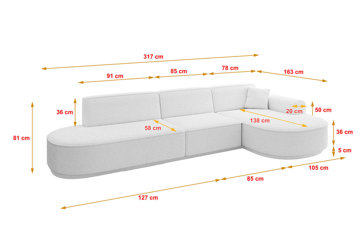 ECKSOFA Ottomane Rechts MARI-L2 - 317x163x81 cm Weiß Bouclé - Schwarz/Weiß, Holzwerkstoff/Kunststoff (317/163cm) - ALTDECOR