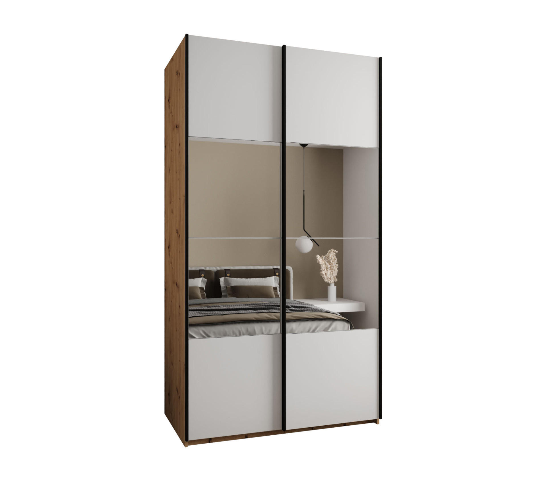 Abiks Möbel Schwebetürenschrank Eiche Artisan, Weiß, Schwarz 130x245x64 cm