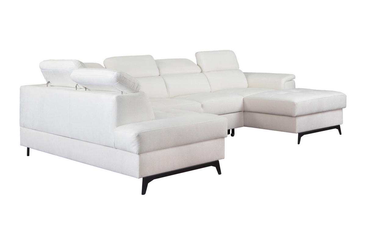 WOHNLANDSCHAFT VOLA Weiß Velours-Stoff mit Schlaffunktion - Weiß, Holz (348/105/199cm) - MASSENO