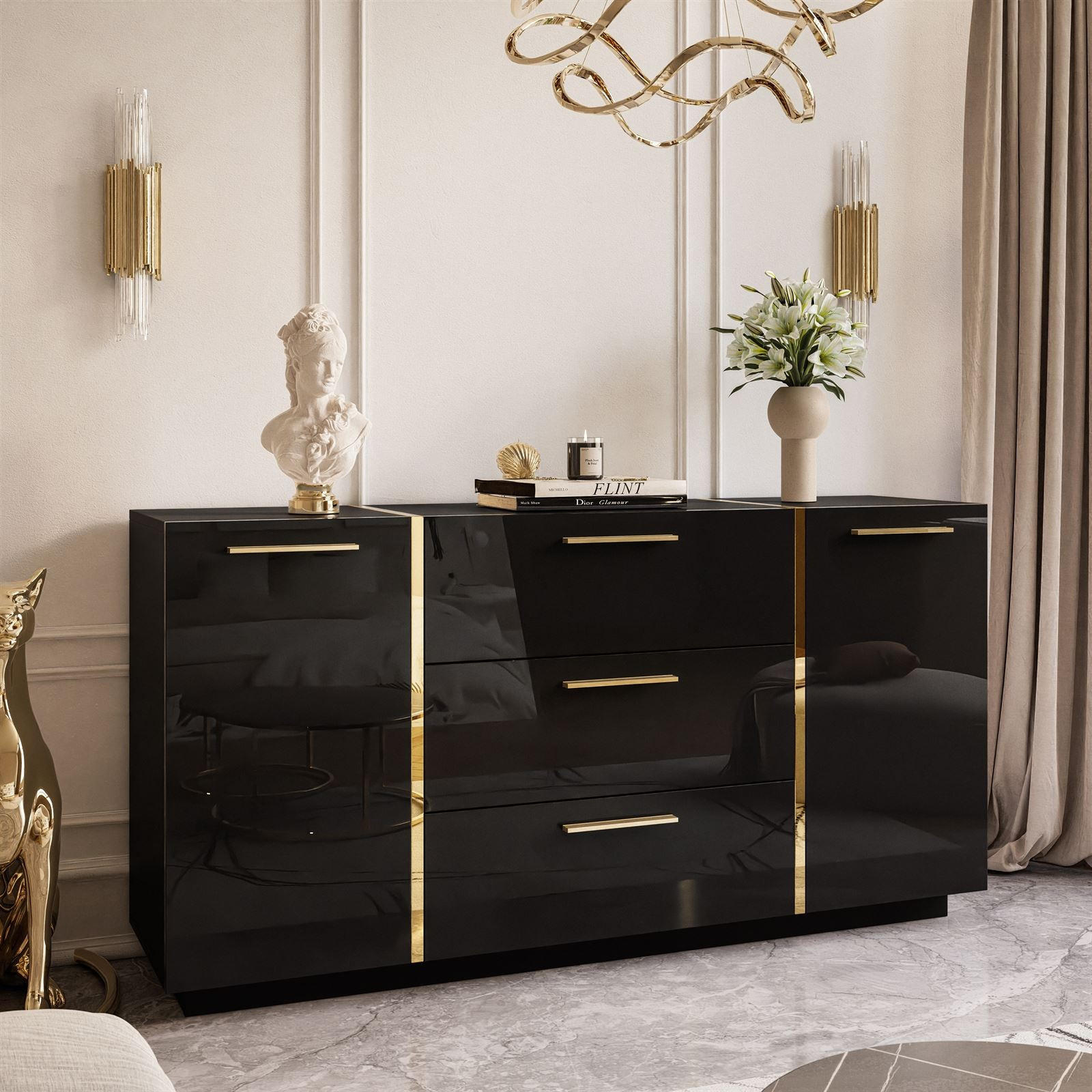KOMMODE MIT SCHUBLADEN ONYX HOCHGLANZ 158 CM - Schwarz, Holzwerkstoff (158/81/41.3cm) - Lookway